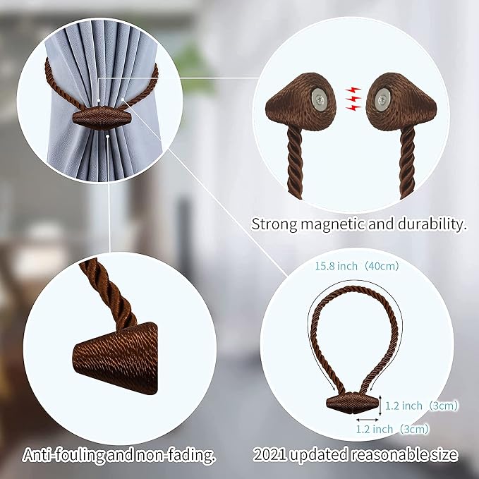 Hion Magnetic Curtain Tiebacks Dark Brown 2pcs, Curtain Tiebacks Buckles - Image 3
