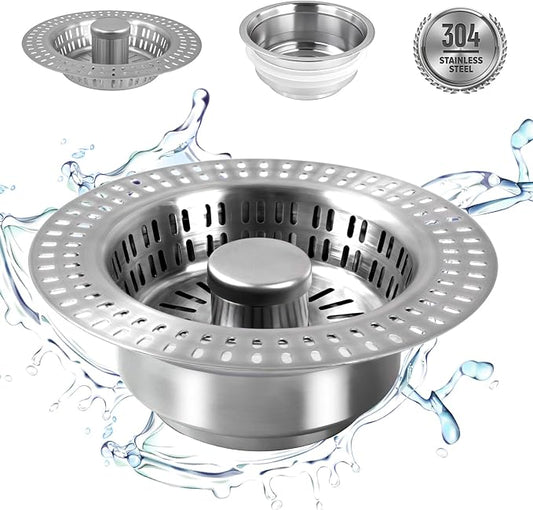 3 in 1 Kitchen Sink Drain Strainer Stopper, Stainless Steel Pop Up Sink Stopper by Goeveo