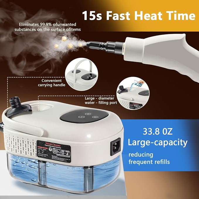 Handheld Steam Cleaner, 1000ml Water Tank, 15S Heat-up Time, Pressurized Steamer - Image 3