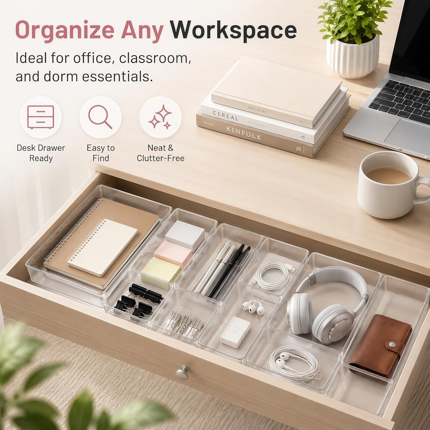Drawer Organizer, 10 Pack Large Clear Plastic Organizer Bins 5 Sizes, Versatile Bathroom Drawer Trays, Heavy Duty Non‑Slip Drawer Dividers for Makeup, Office & Kitchen Utensils