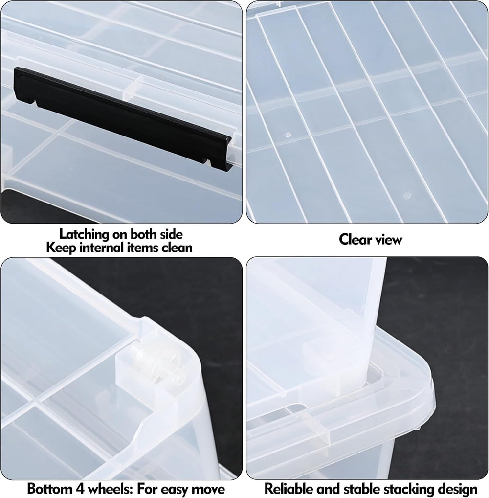 50 L Large 3 Packs Clear Plastic Under Bed Storage Container with Lid and Whe...