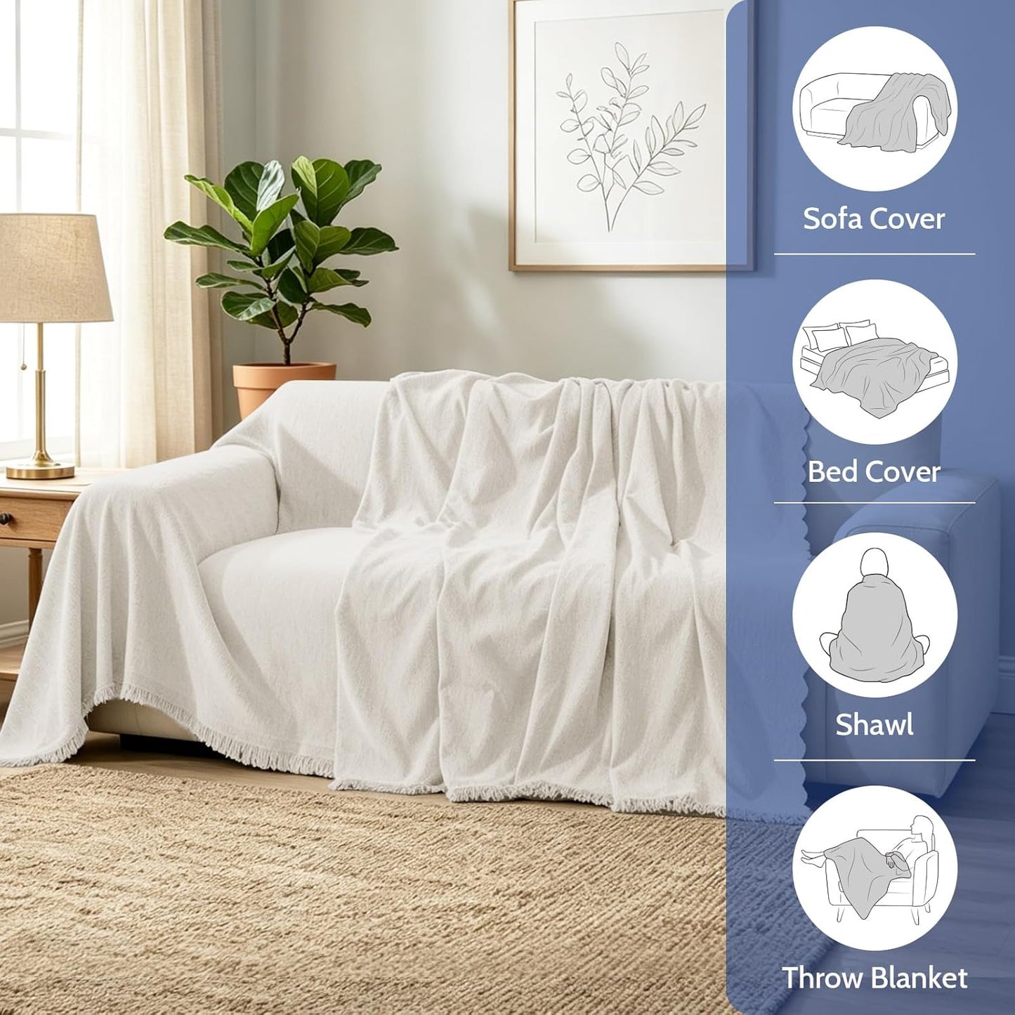 Chenille Couch Cover for Dogs, Boho Sofa Cover Washable Couch Cover, 3 Cushion Sofa Cover, Pet Throw Blankets for Couches with Tassel Furniture Protector Covers,71"×118",Beige White