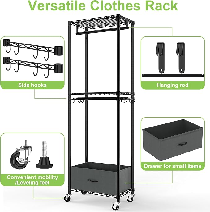 Clothes Rack with Drawers, Freestanding Rolling Garment Rack - Image 6