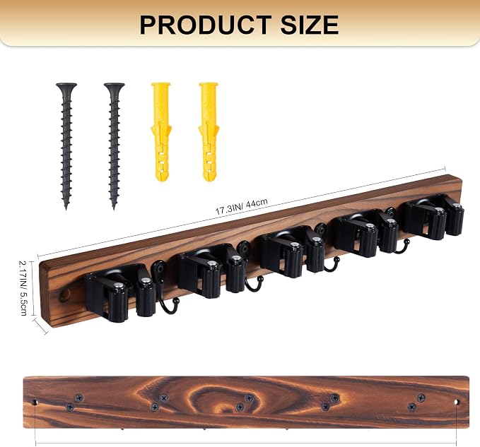 Broom Holder Wall Mount With 5 Slots & 4 Hooks，Rustic Wood Broom & Mop - Image 8