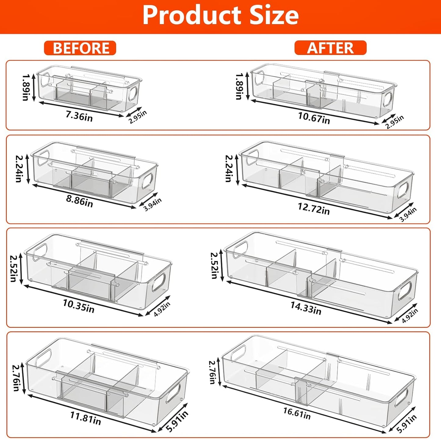 REBECAT 4 Pcs Expandable Clear Drawer Organizers, Adjustable Drawer Organizer Bins with Dividers, makeup organizer for drawer, drawer organizer bathroom for Vanity, Junk Drawer & Office