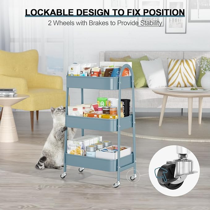 3 Tier Utility Rolling Cart, EAGMAK Metal Storage Cart - Image 4