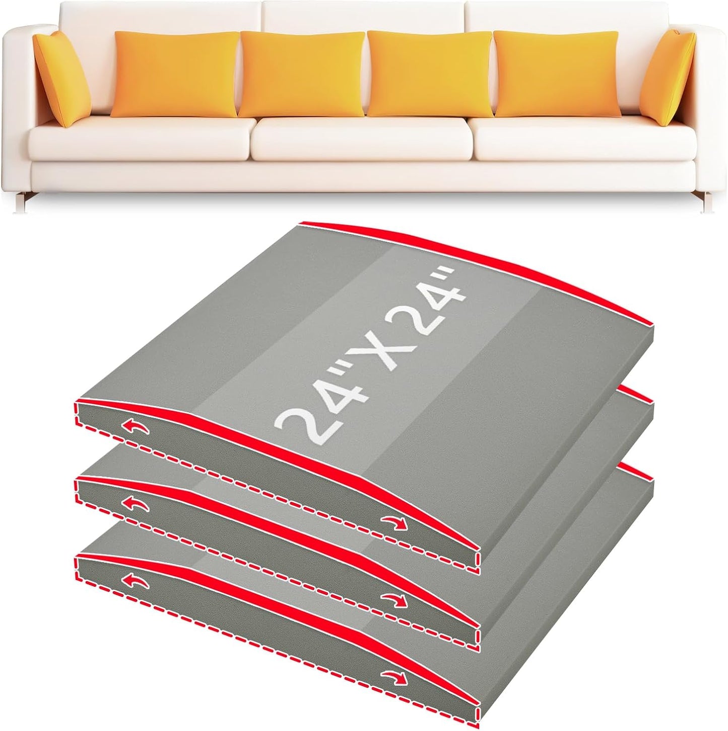 Couch Cushion Support High Density Foam 24X24X2.4 Inches Sofa Couch Supports for Sagging Cushions Light Grey 3Pc with Anti Slip Mesh Fabric