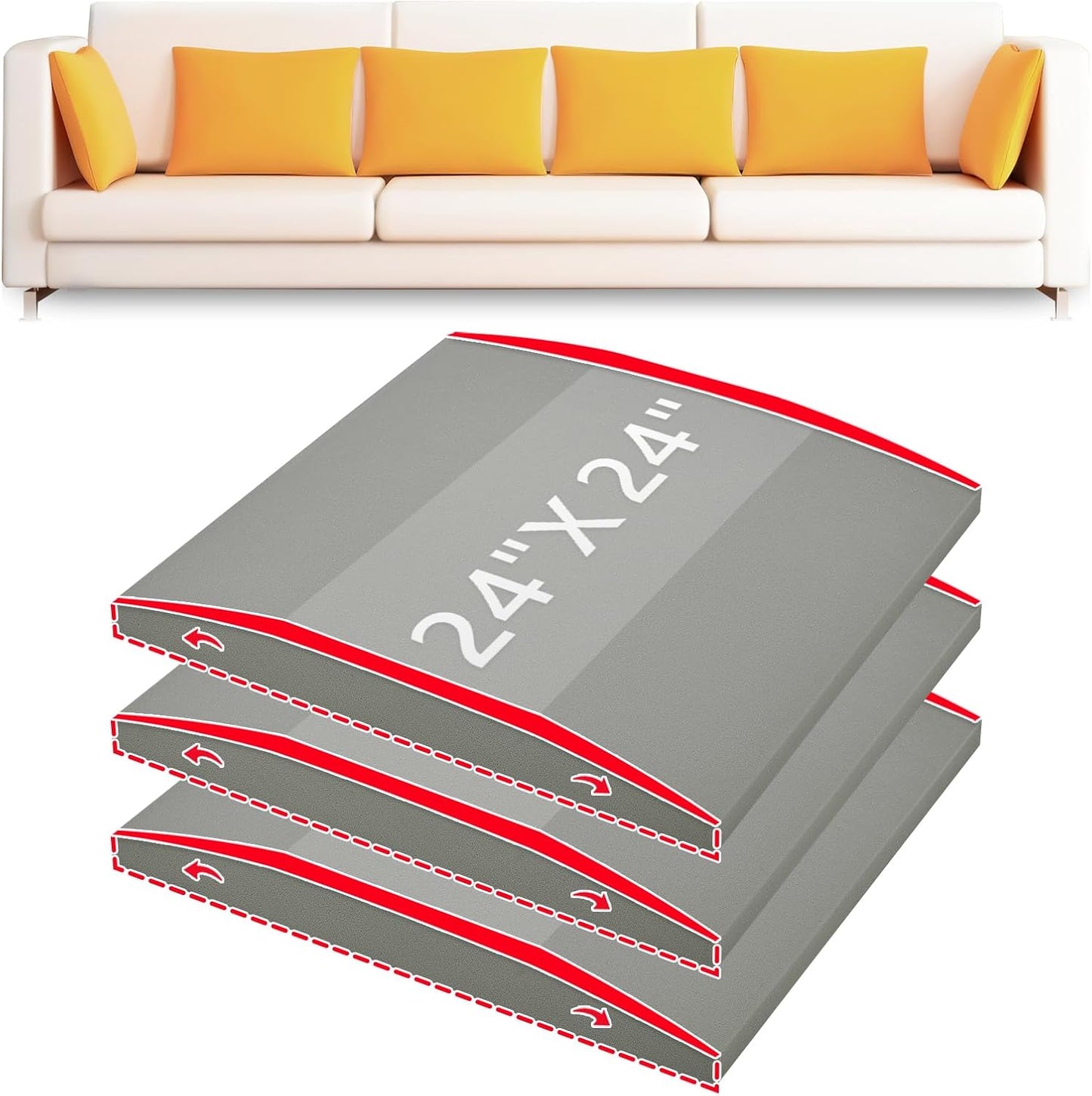 Couch Cushion Support High Density Foam 24X24X2.4 Inches Sofa Couch Supports for Sagging Cushions Light Grey 3Pc with Anti Slip Mesh Fabric