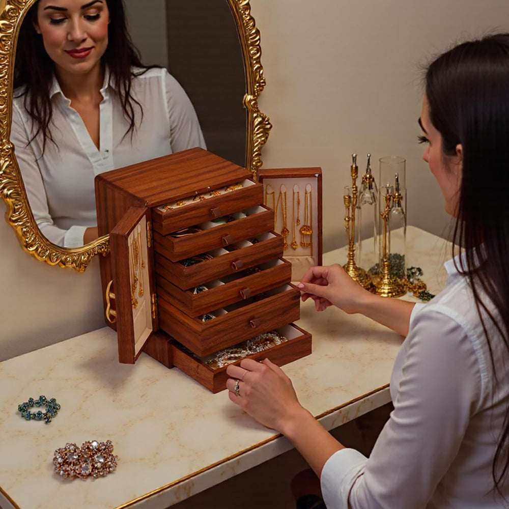 Wooden Jewelry Box for Women Girls, Large Walnut Wood Organizer