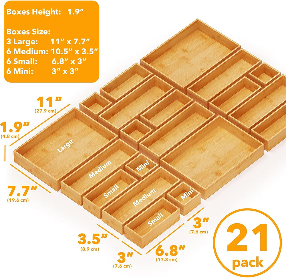 SpaceAid 21-Piece Bamboo Drawer Organizer Storage Boxes Set, Wood Tray Junk D...