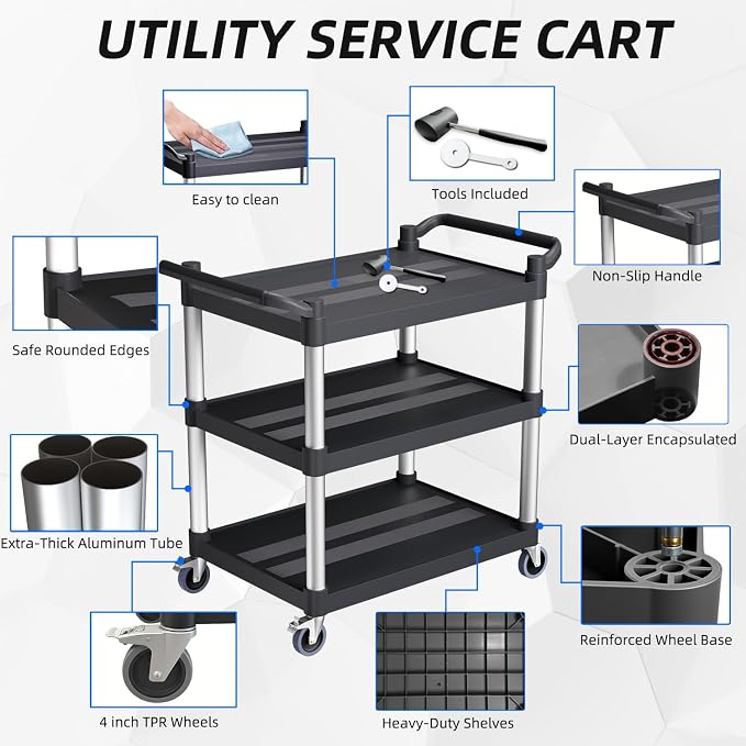Plastic Utility Carts with Wheels, 3-Tier Rolling Service Cart, 300 lbs Heavy - Image 5