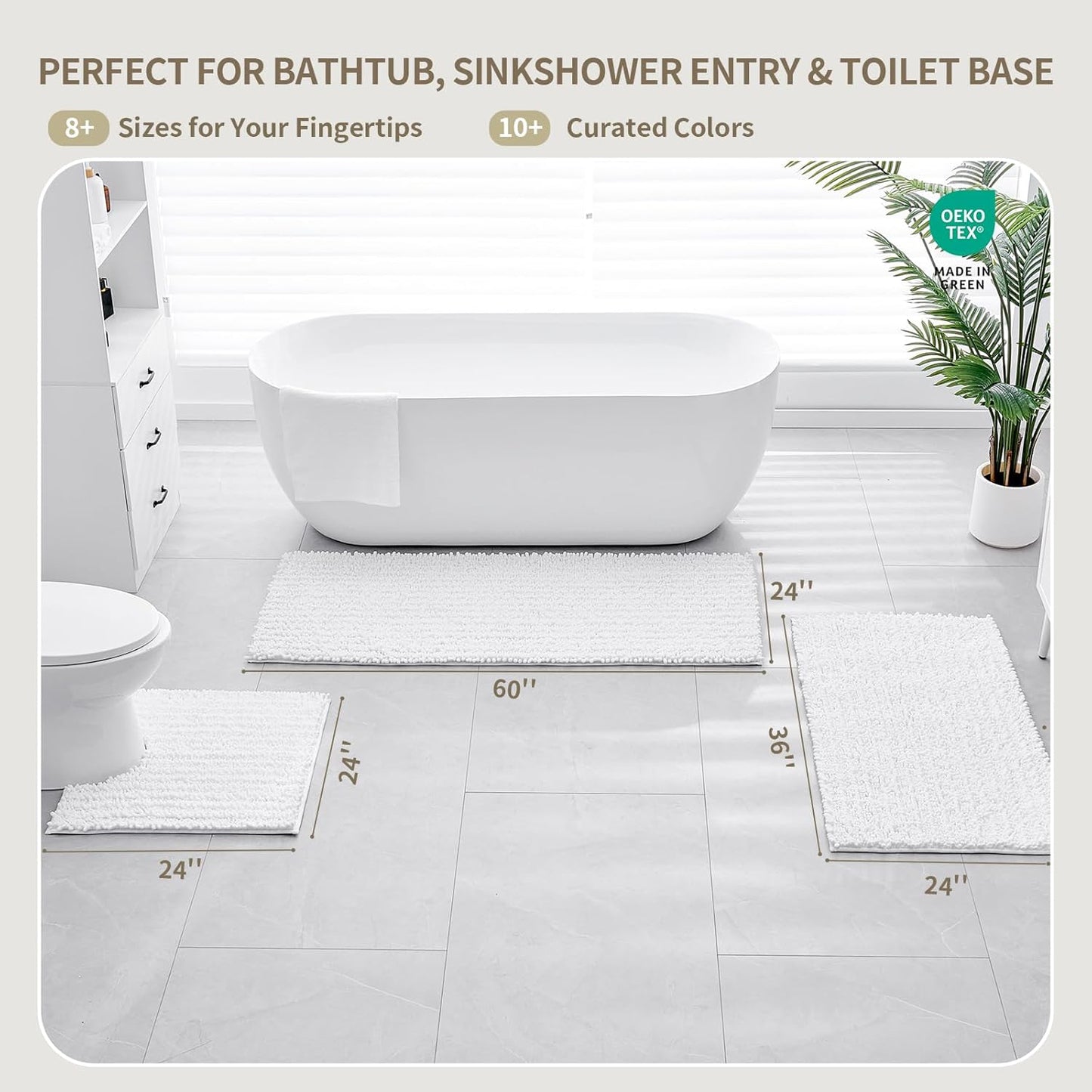 Bathroom Rugs Non Slip Washable 32x20, Extra Thick Soft Chenille Absorbent Bath Mat, High Density Barrier Non Slip Backing, Quick Dry Plush Shaggy Floor Carpet for Tub&Shower, White