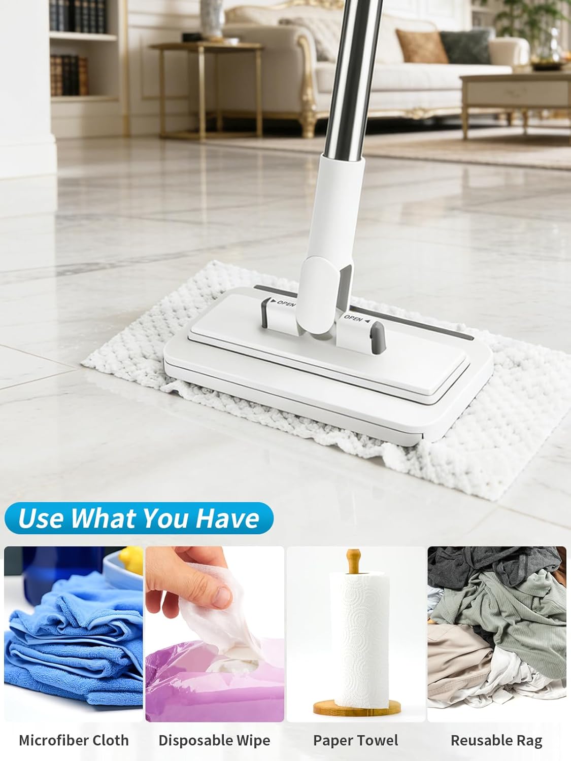 Snap Grip Mini Mop with 5 Reusable Cloths, 50 Inch Adjustable Lazy Mop, Hands Free Cloth Changing Flat Mops with Wall Hook for Wet Dry Floor Wall Bathroom Kitchen Corner Cleaning