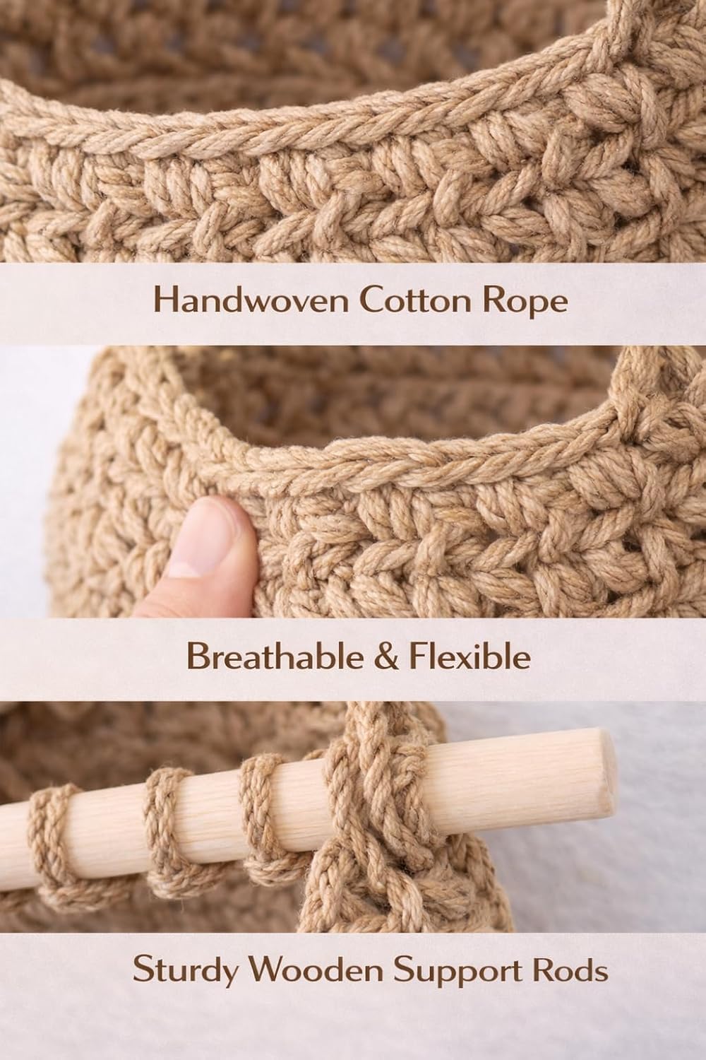 Hanging Wall Basket (3-Tier) Organizer – Cotton Rope Wall Storage for Bathroom, Kitchen & Nursery – Detachable Baskets + No-Drill Adhesive Hooks Included (Renter Friendly)