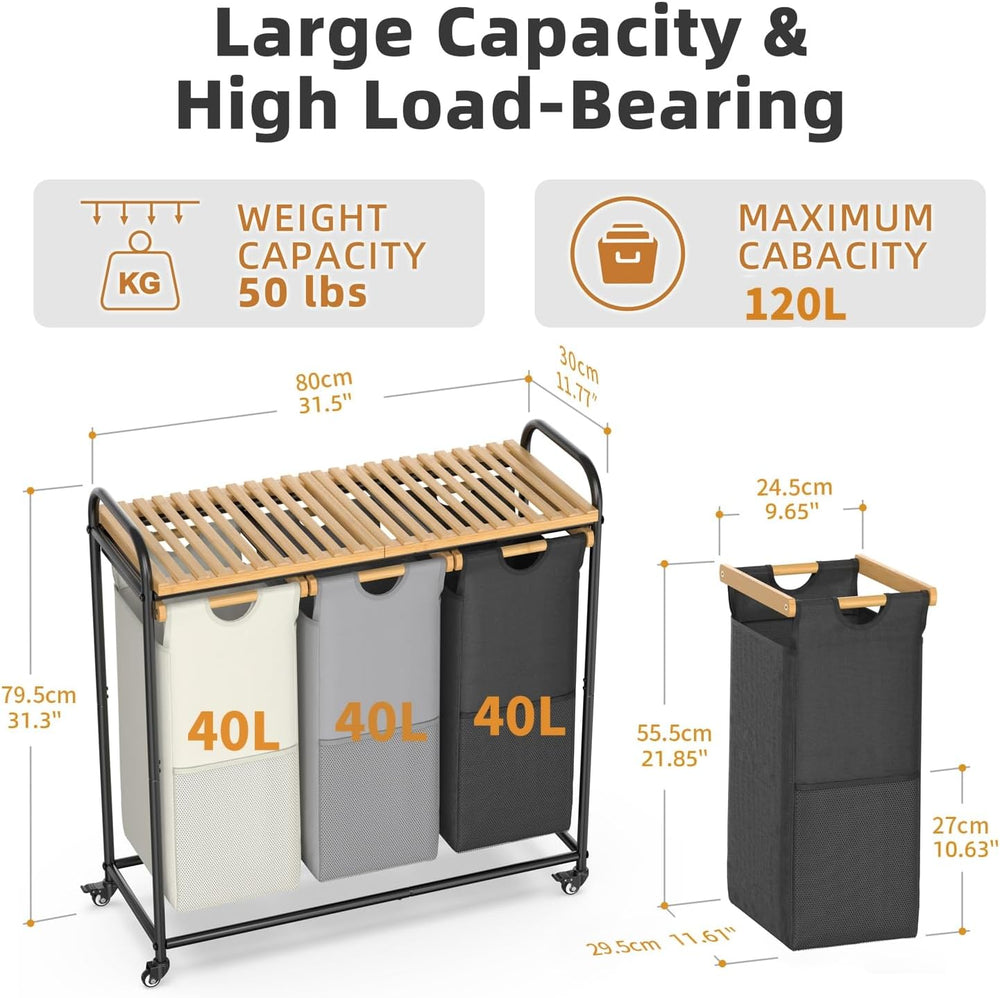 Laundry Hampers 3 Section, Laundry Sorter with Removable Shelf and Pull-Out B...