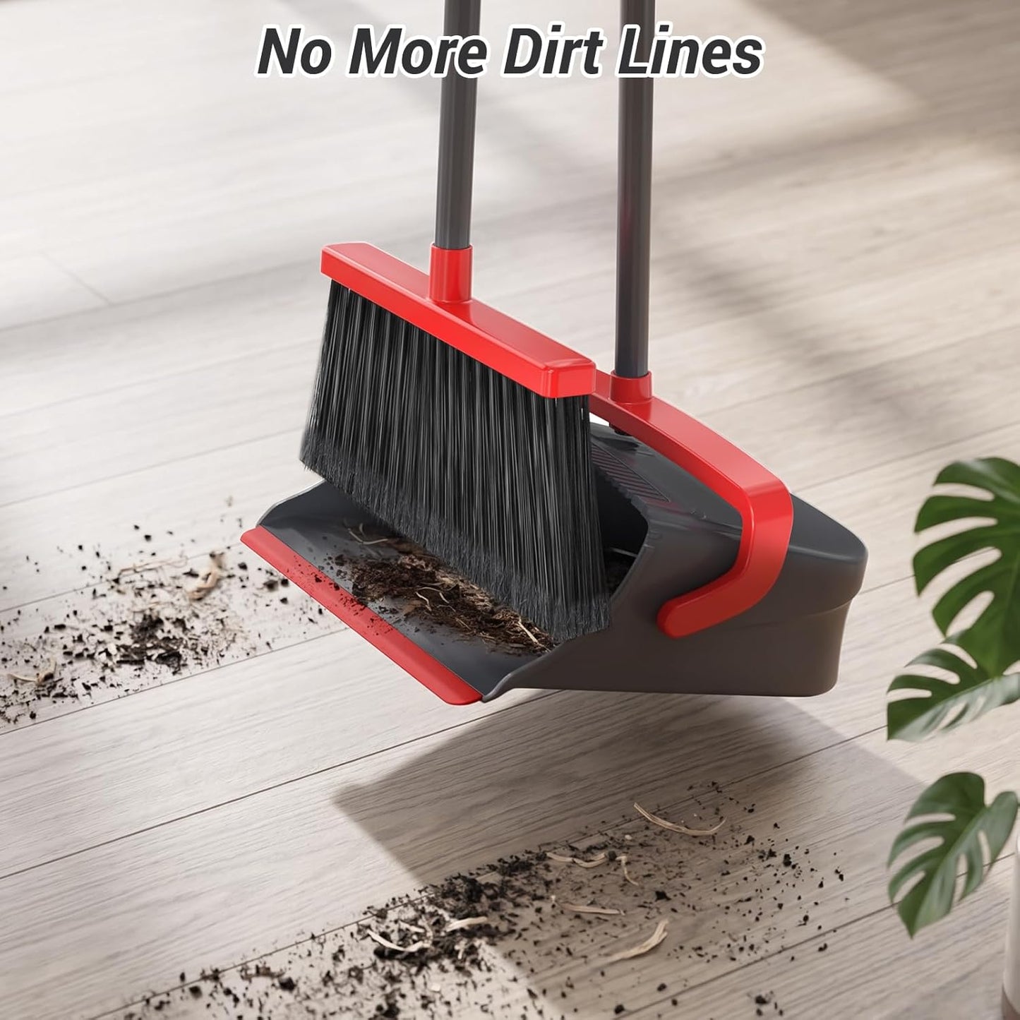 Broom with Dustpan Combo Set, Long Handle Upright Standing Self-Cleaning Broom and Dustpan Set for Pet Hair & Dust Cleanup, Indoor Outdoor Use for Home, Kitchen, Office, Red & Gray