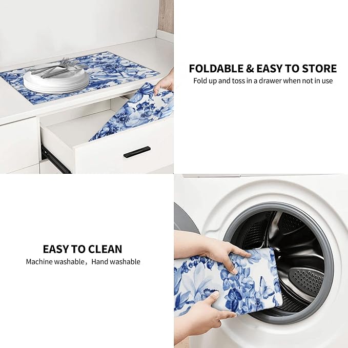 Chinoiserie Blue And White Floral Butterfly Dish Drying Mats - Image 9