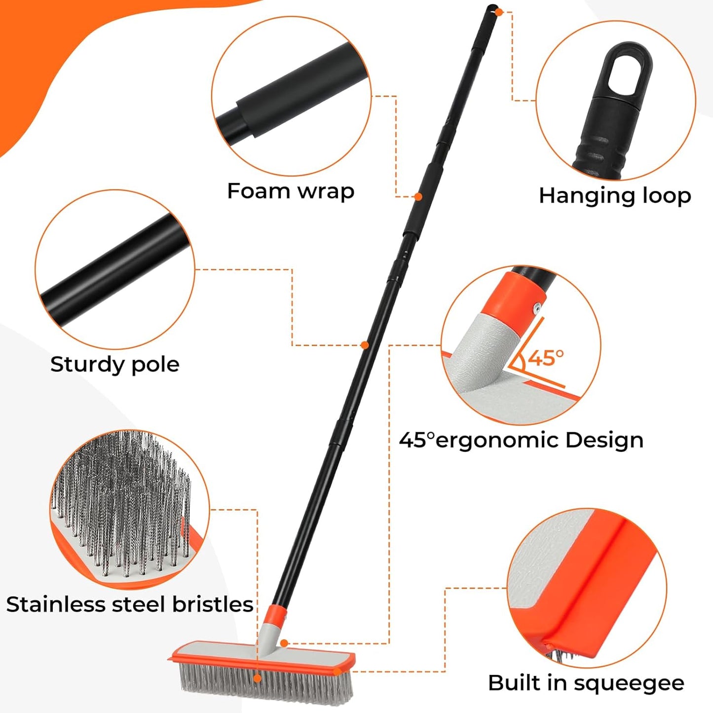 MAVRIZ Stainless Steel Concrete Brush with Long Handle - Heavy Duty Deck Brush for Concrete Cleaning, Outdoor Broom for Moss Removal, Wire Brushes for Scrubbing Patios, Driveways & Pools