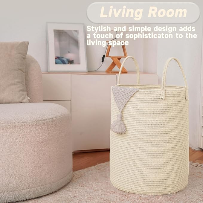 Large Woven Laundry Basket Hamper, 80L Cotton Rope Storage Bin - Image 3