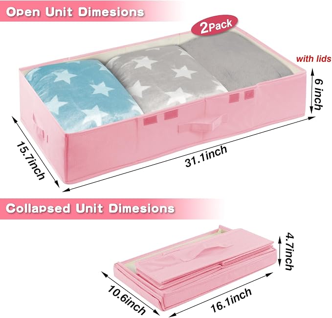 punemi Under Bed Storage With Lids, 2 Pack Pink Underbed Storage Bins Containers - Image 2