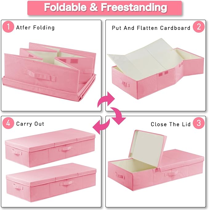punemi Under Bed Storage With Lids, 2 Pack Pink Underbed Storage Bins Containers - Image 3