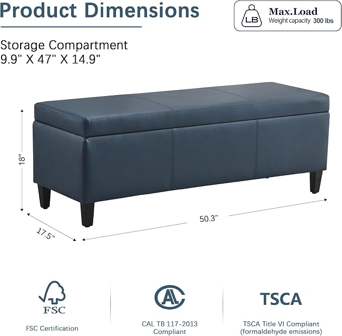 HUIMO Faux Leather Storage Ottoman Bench 50.3 Inch Extra Long PU Upholstered - Image 2