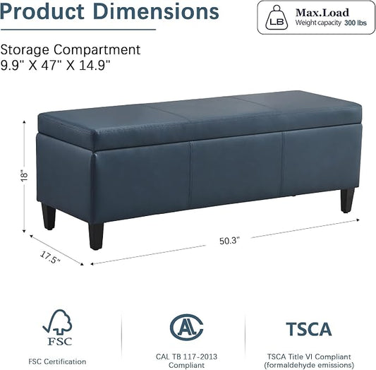 HUIMO Faux Leather Storage Ottoman Bench 50.3 Inch Extra Long PU Upholstered - Image 2