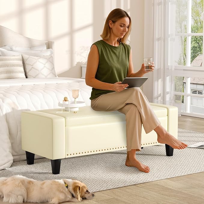 48.8" Storage Ottoman Bench Cream White | Faux Leather Bedroom Bench - Image 3