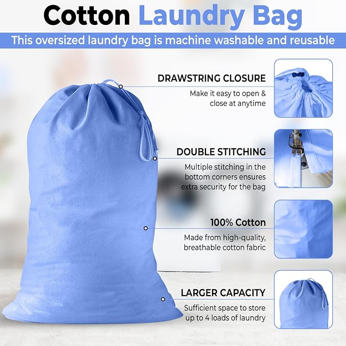 2 Pack - Extra Large Cotton Laundry Bag, Heavy Duty Large Laundry Bags 24 x 36 - Image 3
