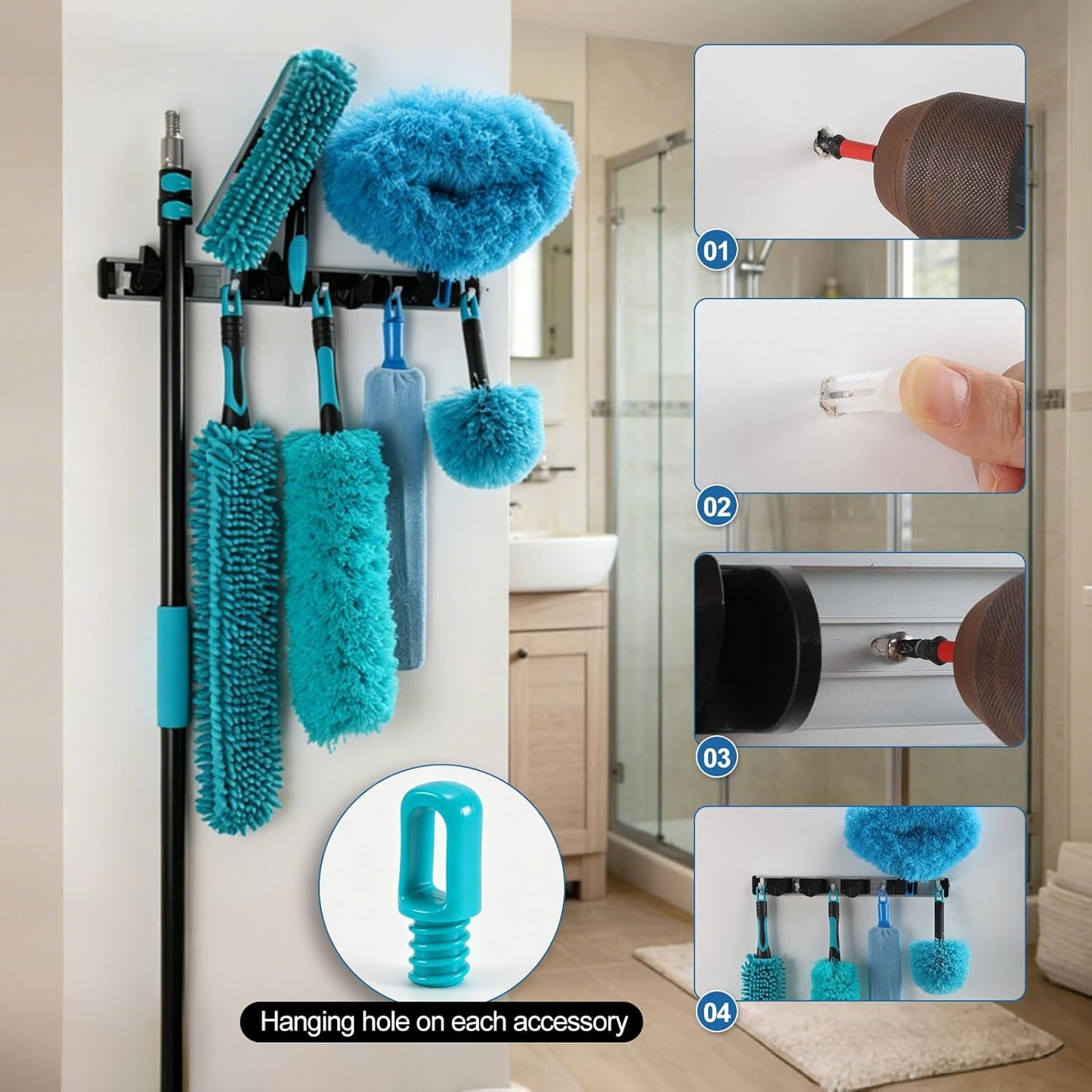 FIDISP 20 Foot High Duster with Extension Pole 4.5-12FT, 1.2" Thick Aluminum Wobble-Free Handle, 9 PCS Ceiling Fan Cleaner Duster Kit with Hooks, Spider Web Brush with Pole for High Ceilings & Outdoor