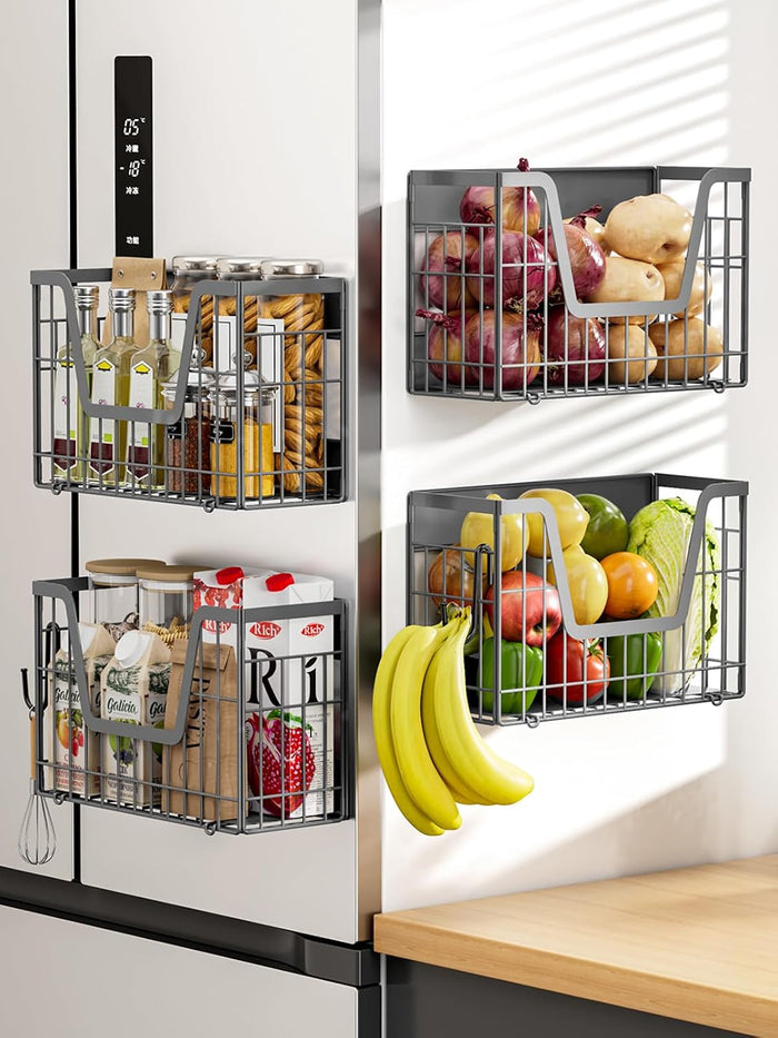 4 Pack Magnetic Shelf for Fridge, Fruit Potato and Onion Storage Bins, Magnetic Spice Rack for Kitchen Pantry Laundry Organizer, Metal Baskets Side of Fridge Organizers and Storage (Grey)