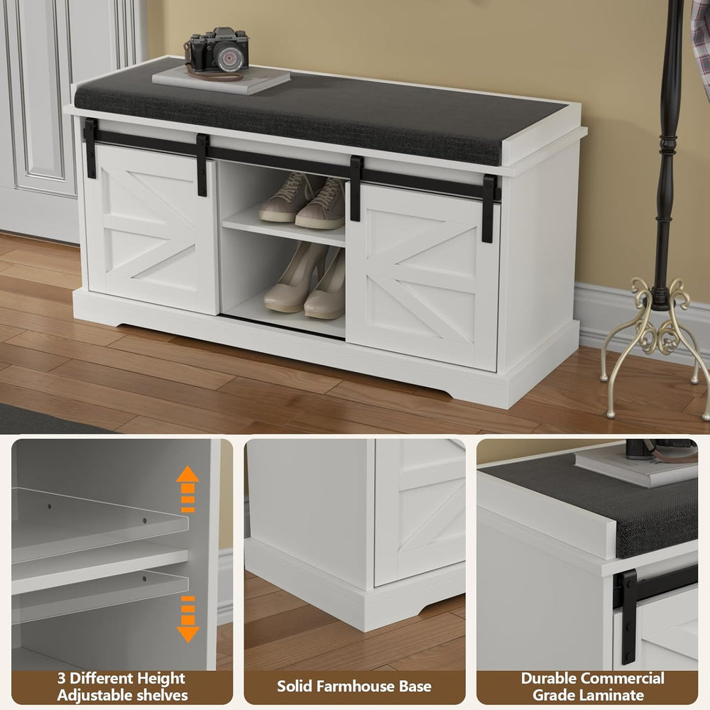 Loomie 39" Wide White Shoe Storage Bench with Removable Seat Cushion
