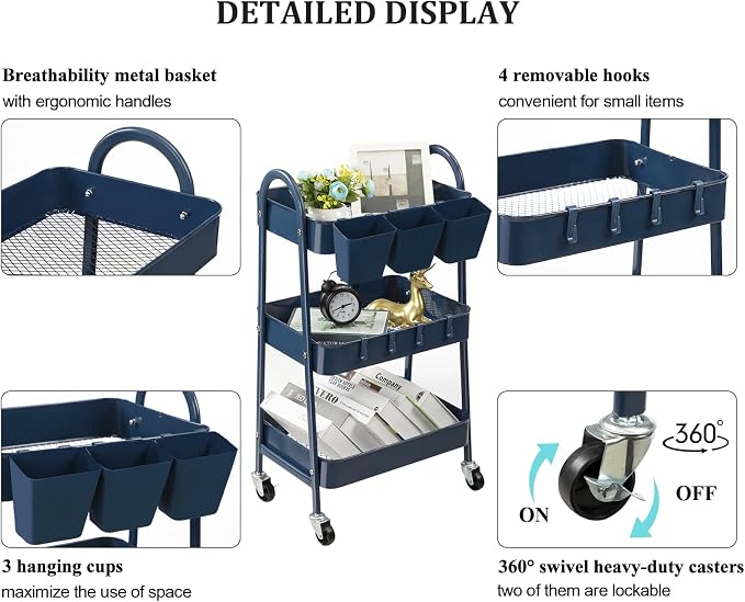 danpinera 3-Tier Rolling Cart, Metal Rolling Storage Cart - Image 2