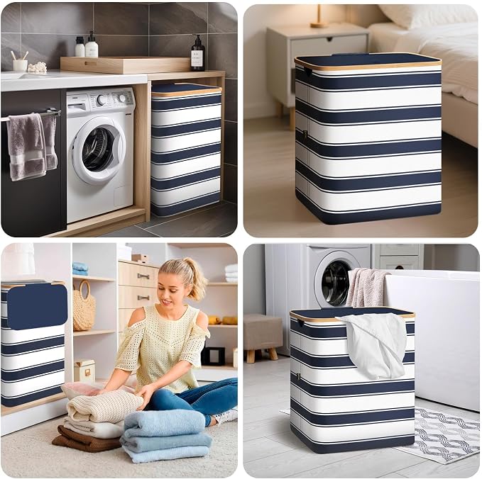 BALEINE Laundry Hamper with Lid, Tall Laundry Baskets with Bamboo Pull Handles - Image 8