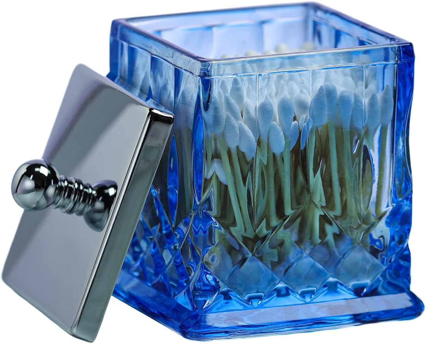 15Oz Blue Q-Tip Holder, Square Thick Glass & Metal Lid | Featured grid texture, for q-tips, cotton pads, jewelry, candy