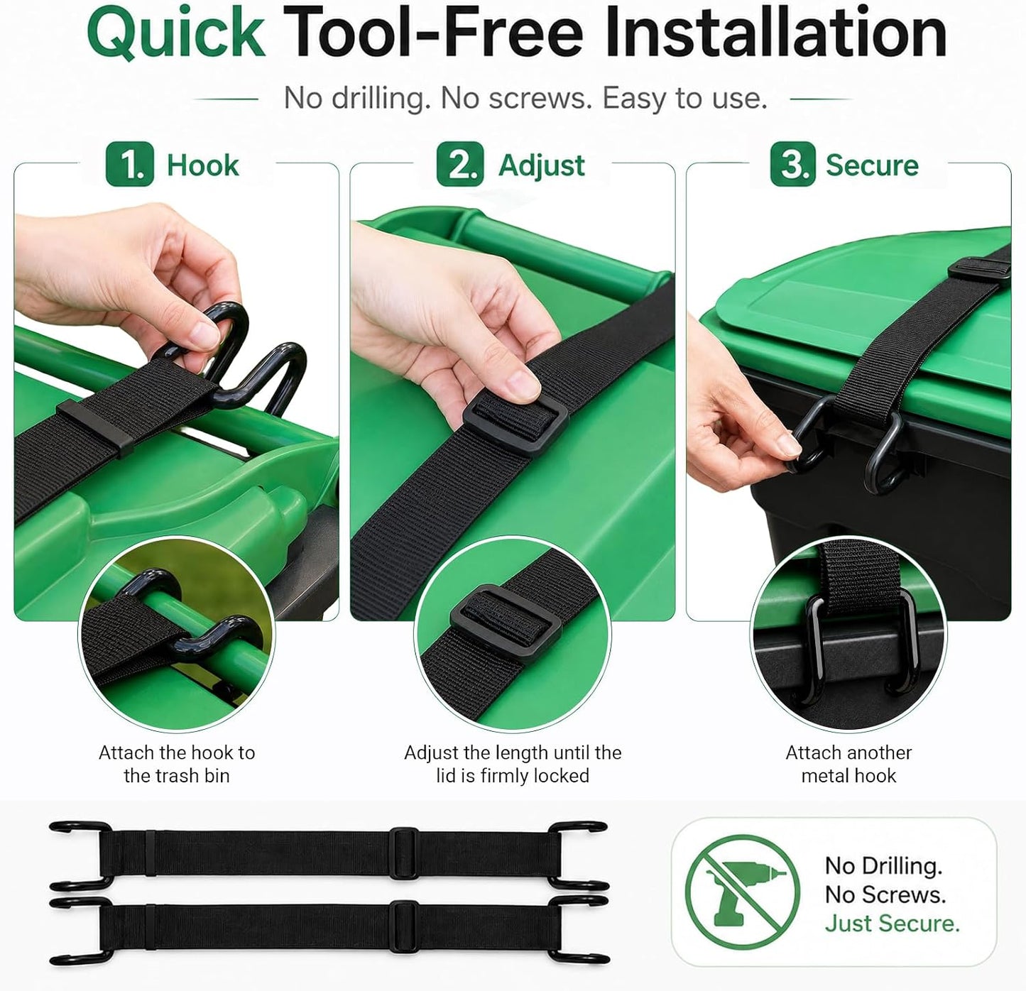 2 Pack Metal Trash Can Lid Locks, Non-Slip Double Claw Garbage Can Locks, Adjustable Animal-Resistant Windproof Straps for 28-96 Gallon Outdoor Bins