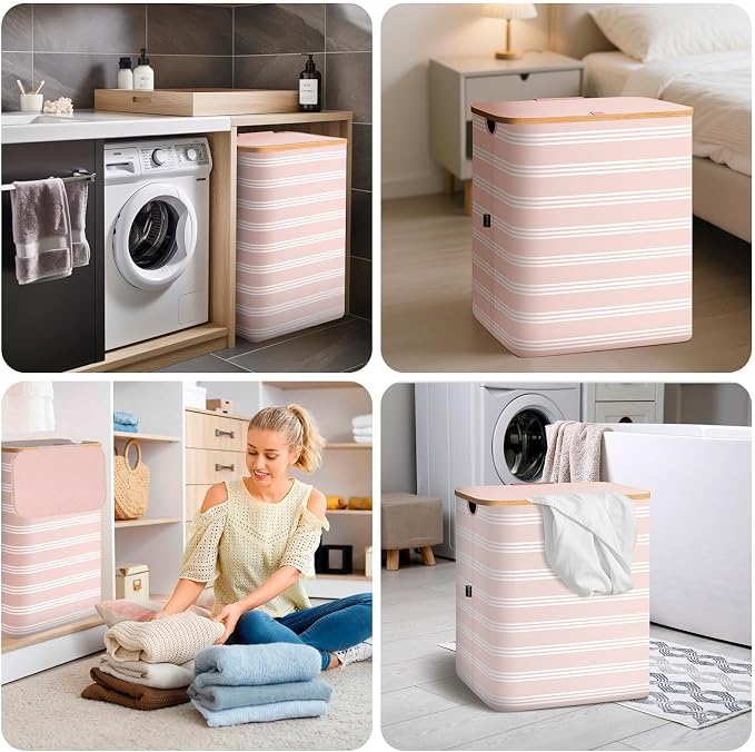 BALEINE Laundry Hamper with Lid, Tall Laundry Baskets with Bamboo Pull Handles - Image 8