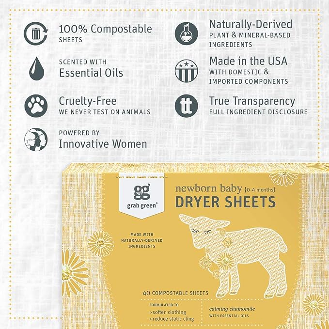 Grab Green Newborn Baby Dryer Sheets, 120 Sheets, Chamomile Scent, Plant and - Image 3