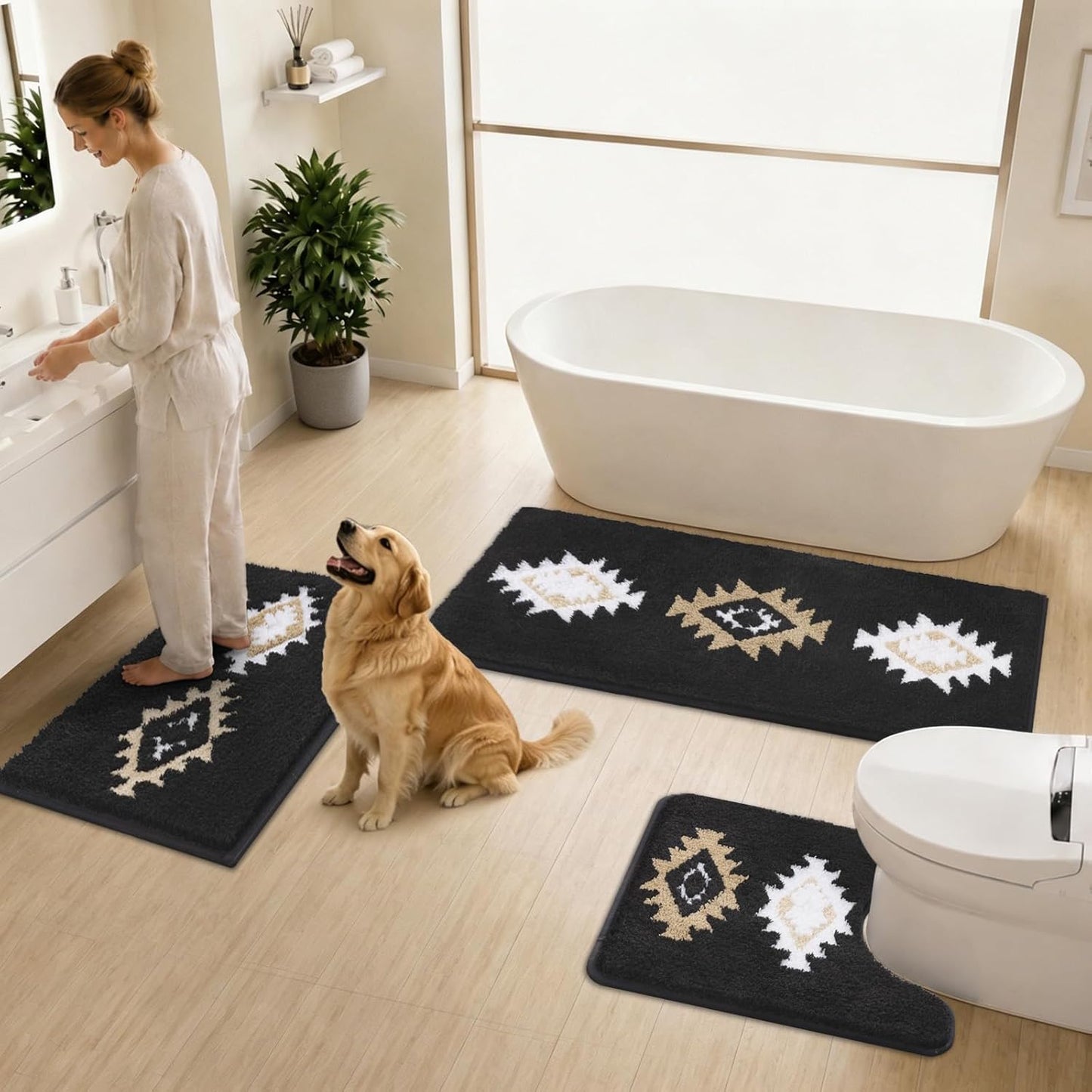 HEBE Boho Bathroom Rugs Set 3 Piece, Non Slip Washable Bath Mat Set, Ultra Absorbent Microfiber Bathroom Mats with U-Shaped Contour Toilet Rug, Tribal Bath Carpet Set for Tub, Shower