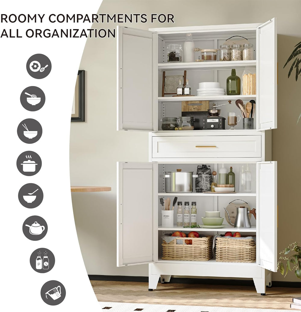 COFaR 71" Tall Pantry Cabinet with Drawer, White Storage Cabinet with Ad...