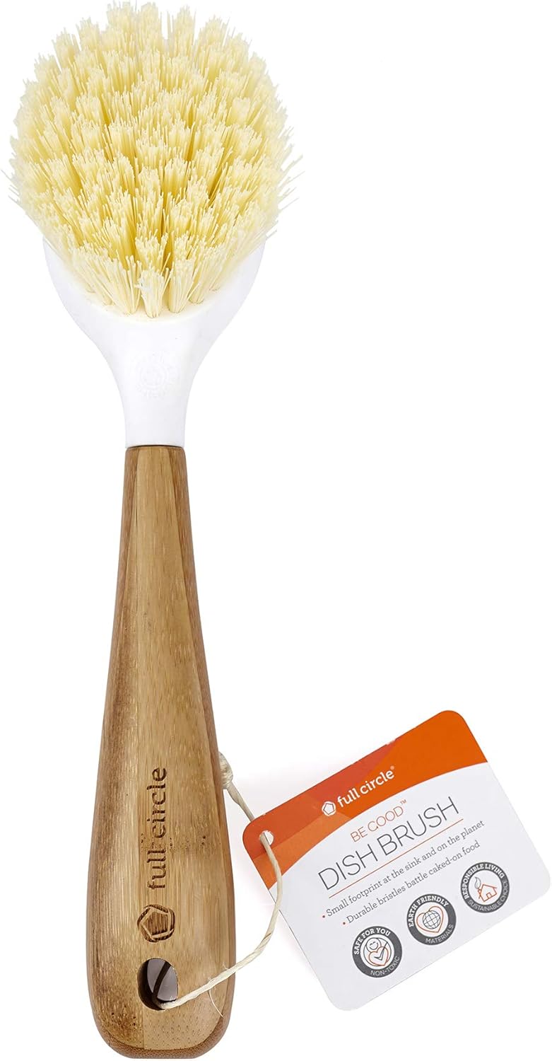 Full Circle Daily Dish Brush-Bamboo Handle Dish Brush–Sustainable Kitchen Cleaning with Tough Bristles-Natural Dish Scrubber,Nonstick & Cast Iron Cleaner-Long Handle Brush for Dishes,Pots,and Pans