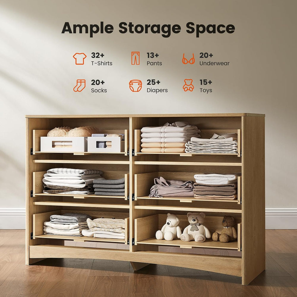 Amada Fluted 6 Drawer Dresser, Modern Wood Chest of Drawers, Natural Oak