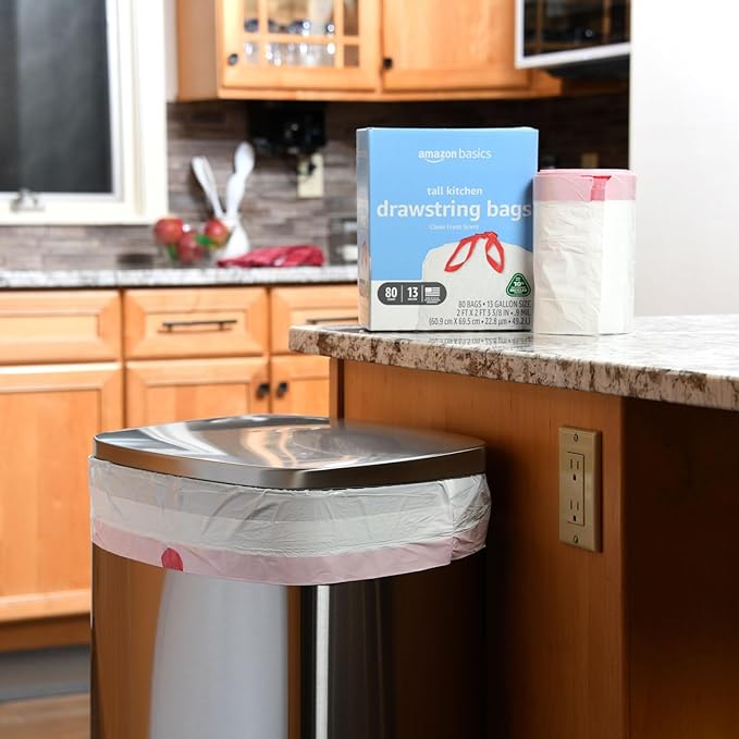 Amazon Basics 13 Gallon Tall Kitchen Drawstring Trash Bags, Clean Fresh Scent - Image 5