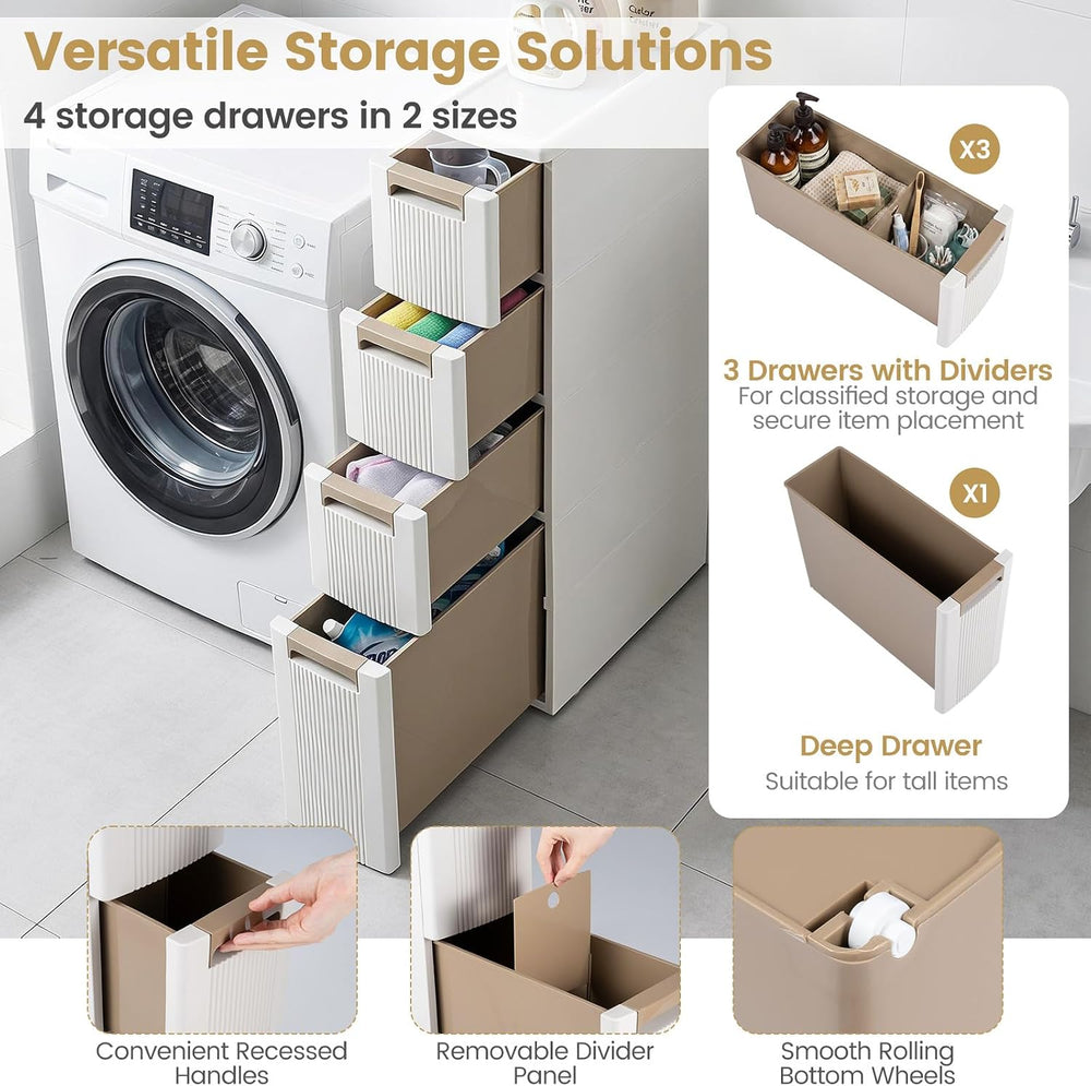 Byroce 4-Tier Narrow Storage Cabinet with Wheels, Slim Rolling Plastic Drawer...