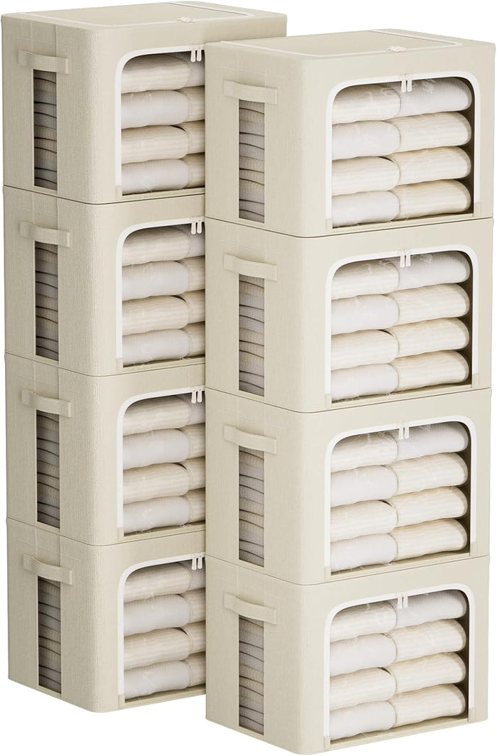 FHSQX 8 Pack Clothes Storage Bins - Foldable Storage Bins for Clothes Fabric Storage Box with Metal Frame (Beige, 16.5x12.2x12.2 inch)