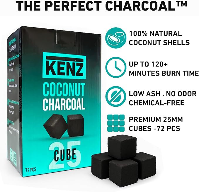 KENZ Charcoal Cubes, 25mm Low Ash Coconut Charcoal Briquettes, 100% Natural - Image 2