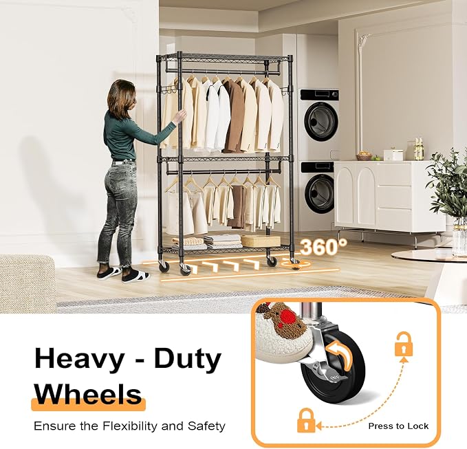 Heavy Duty Rolling Garment Rack 3 Tiers Adjustable Wire Shelving Clothes Rack - Image 4