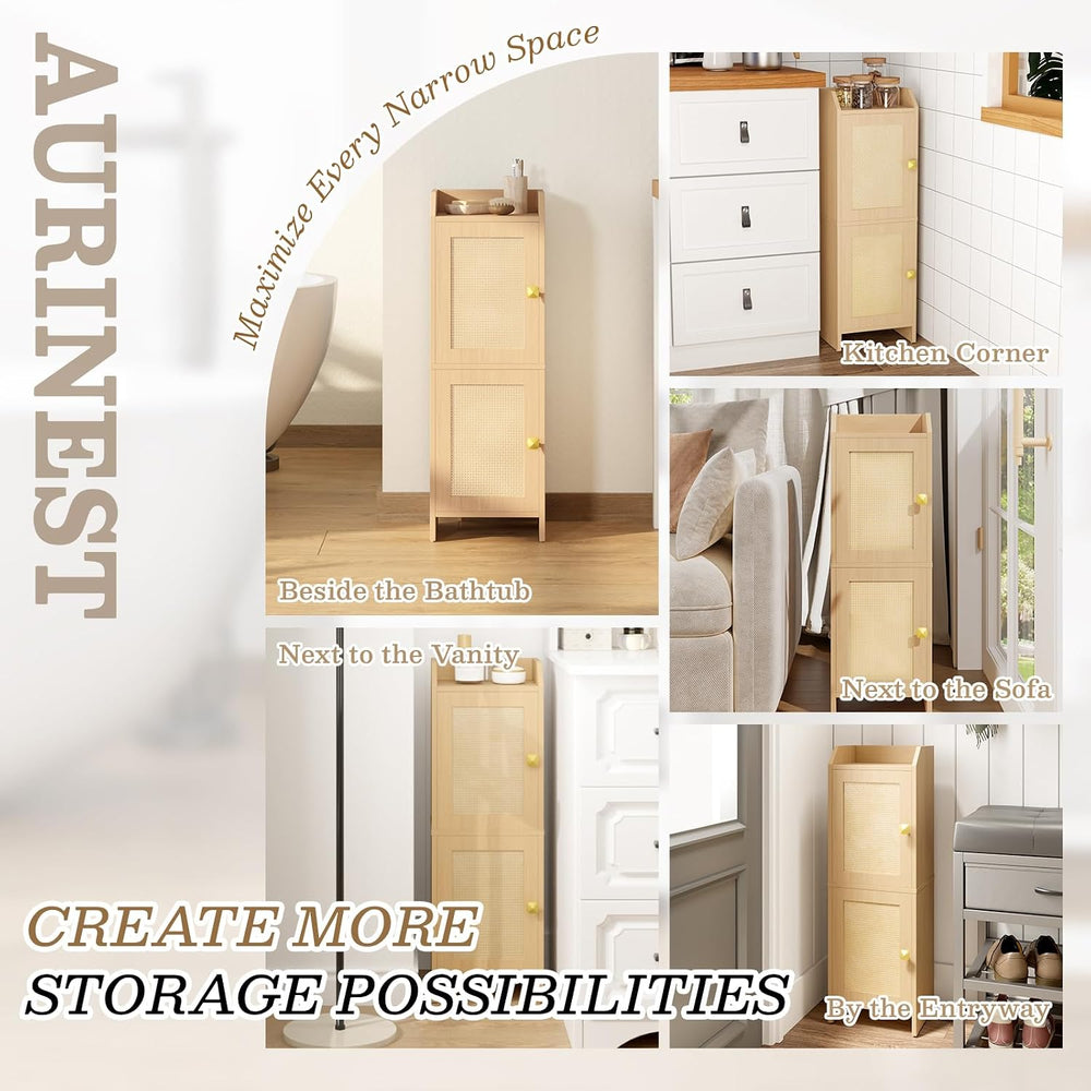 Rattan Narrow Bathroom Storage Cabinet, 7.9''D x 9.8''W x 29....