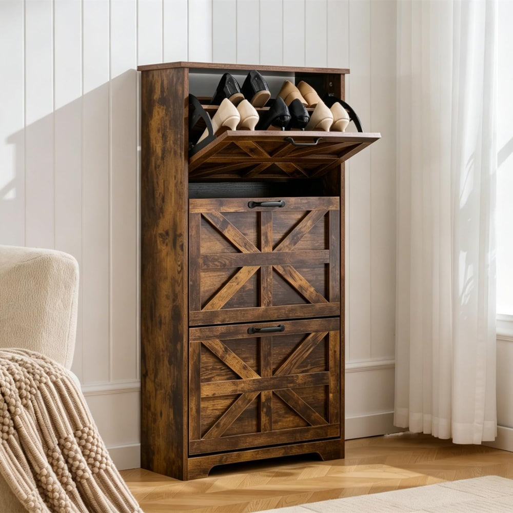 Shoe Cabinet with 3 Flip Drawers Set of 2, Farmhouse Shoe Storage for Entrywa...