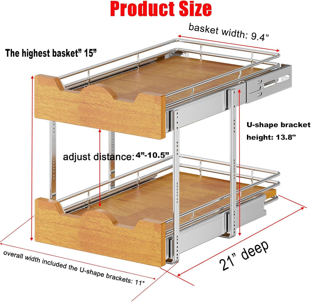 DINDON 2 Tier Pull Out Cabinet Organizer (11" W x 21" D) Slide Out ...